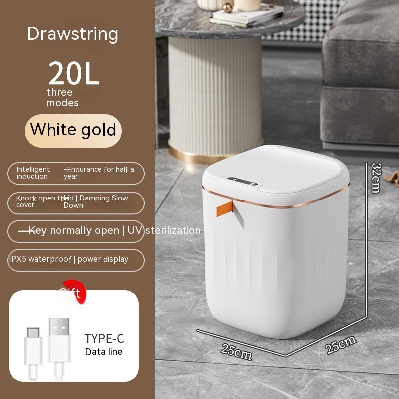Smart Trash Can With Lid For Bedroom And Living Room Kitchen Storage Box Trash Can Induction Small Car Box Automatic Smart Dustbin Smart Trash Bin - Expo GWhite gold20L0