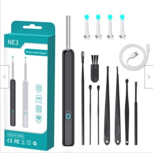 NE3 Ear Cleaner Otoscope Ear Wax Removal Tool With Camera LED Light Wireless Ear Endoscope Ear Cleaning Kit For I - phone - Expo GBlack with 8pcs setUSB0
