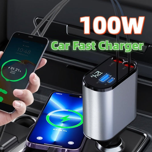 Metal Car Charger 100W Super Fast Charging Car Cigarette Lighter USB And TYPE - C Adapter - Expo GMetal Silver Gray100W0