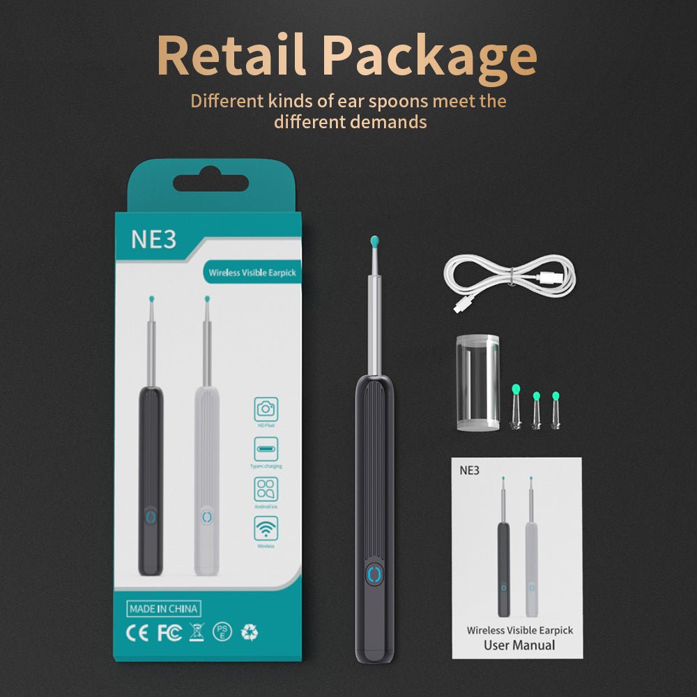 NE3 Ear Cleaner Otoscope Ear Wax Removal Tool With Camera LED Light Wireless Ear Endoscope Ear Cleaning Kit For I - phone - Expo GBlackUSB0