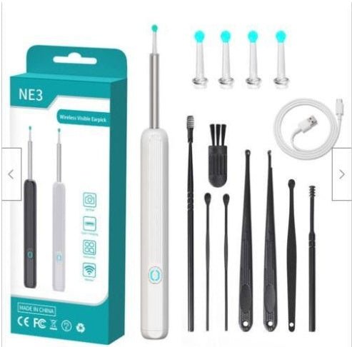 NE3 Ear Cleaner Otoscope Ear Wax Removal Tool With Camera LED Light Wireless Ear Endoscope Ear Cleaning Kit For I - phone - Expo GWhite with 8pcs setUSB0