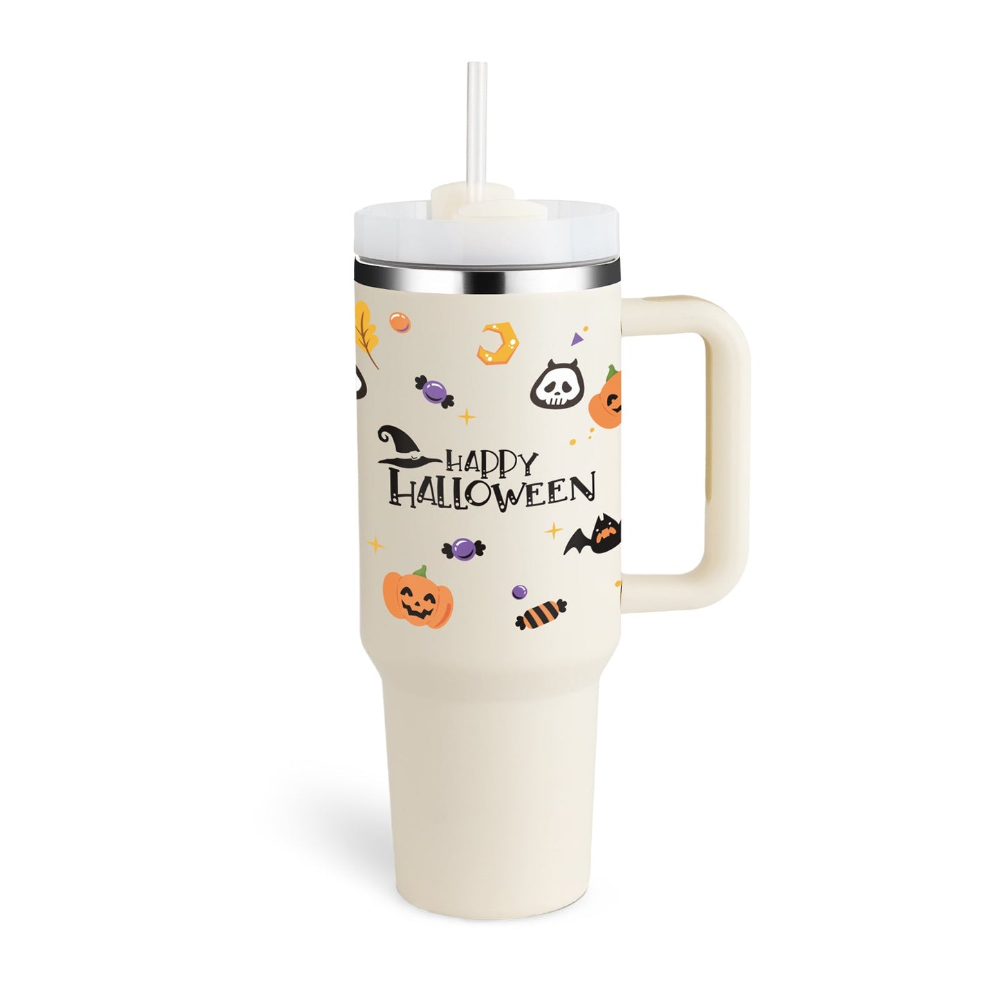 40 Oz Tumbler With Handle Straw Insulated, Stainless Steel Spill Proof Vacuum Coffee Cup Tumbler With Lid Tapered Mug Gifts For Valentine Lover Suitable For Car Gym Office Travel - Expo GHalloween Cream white1200ML1PC0