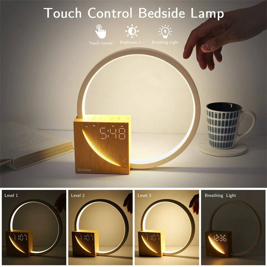 Bedside Lamp Touch Table Lamp With Natural Sounds, Desk Lamp With Alarm Clock, Touch Control 3 Levels Brightness Home Decor - Expo GUSWooden0