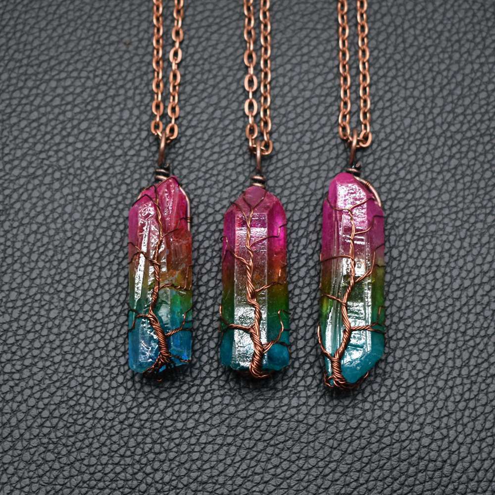 Hot Selling Stone Crystal Pillar Tree Of Life Pendant Ins Fashion Necklace - Expo GWhite1PCS0